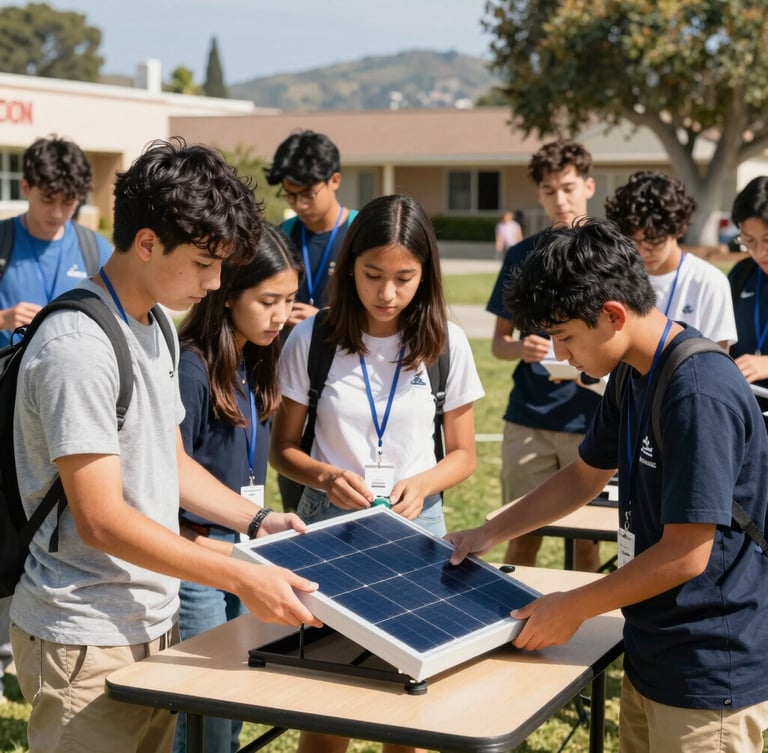 A bright outdoor California school workshop, a diverse group of high school students assembling a small solar-powered charging station under natural sunlight, medium shot, 35mm lens.