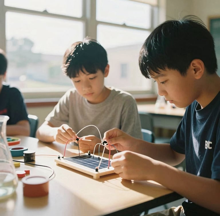 Hands-on science classroom in California, students building a miniature solar circuit under bright natural sunlight streaming through a window, warm optimistic editorial style, 35mm lens.