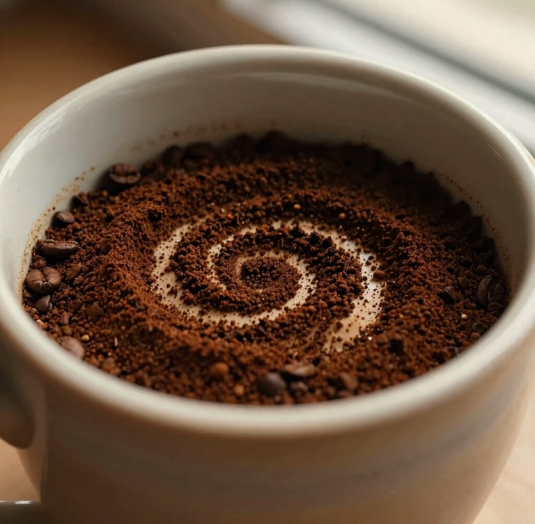 Close-up of dried coffee grounds forming intricate patterns inside a handmade ceramic cup, warm morning light, tactile textures, 35mm