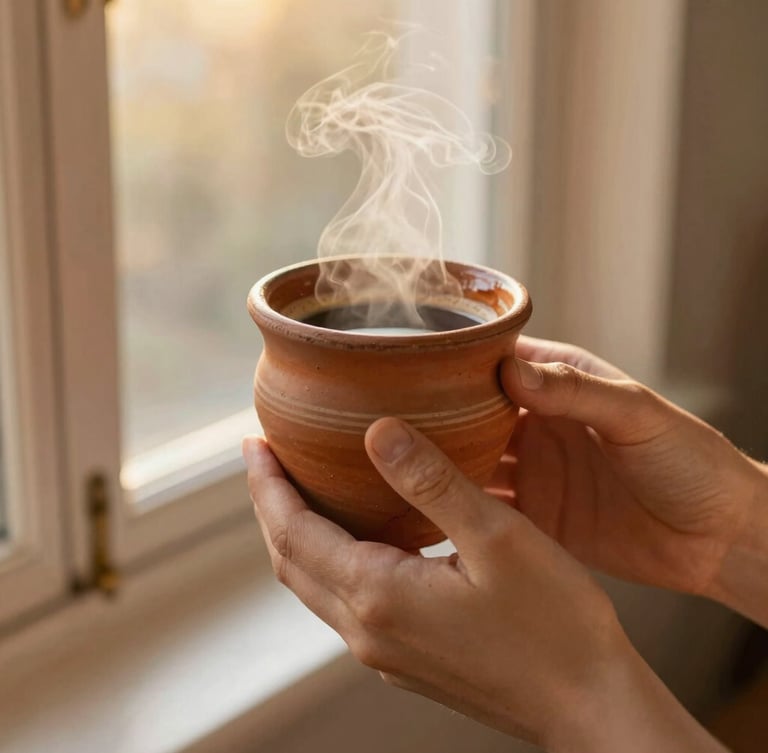 Hands holding a rustic terracotta ceramic cup with steam rising, soft golden-hour window light, warm editorial photography, 35mm