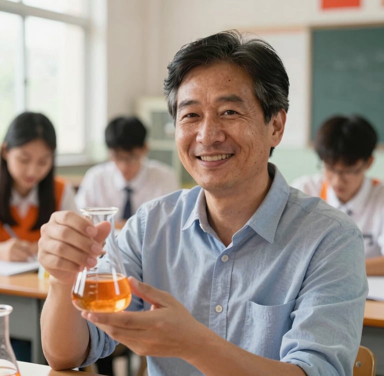 A close-up portrait of a high school science teacher in a brightly lit classroom, holding a beaker, smiling warmly, natural daylight.