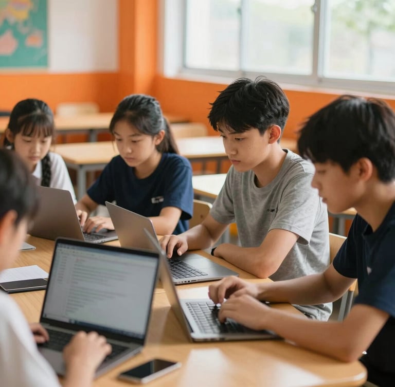 Bright, natural daylight classroom, students working collaboratively around a wooden table with laptops, vibrant orange accents in the background, shallow depth of field.