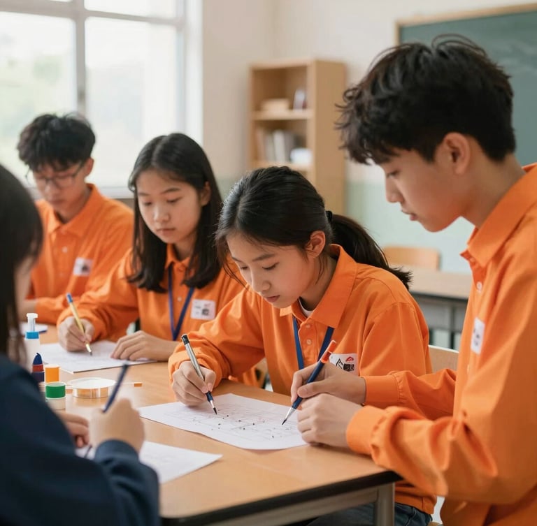 Bright, natural daylight environmental photo of high school students collaborating on a science project in a modern classroom, vibrant orange accents, candid moment.