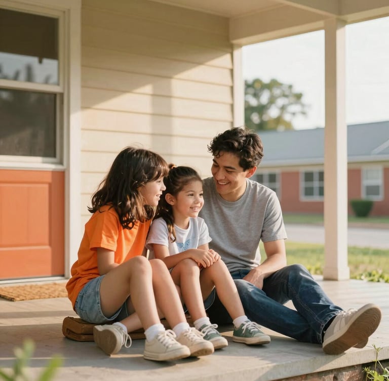 A cheerful family of three sitting on their front porch in the Orange school district, soft afternoon sun, warm editorial style.