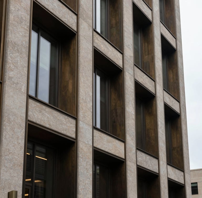 Architectural detail of a modern limestone and dark bronze corporate building facade in Mount Pleasant, soft overcast daylight, clean geometric lines, vertical framing.