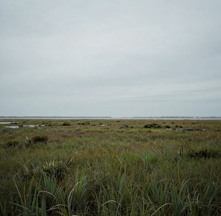 Overcast coastal salt marsh in South Carolina, low-contrast natural silver light, expansive quiet horizon, minimalist landscape framing.