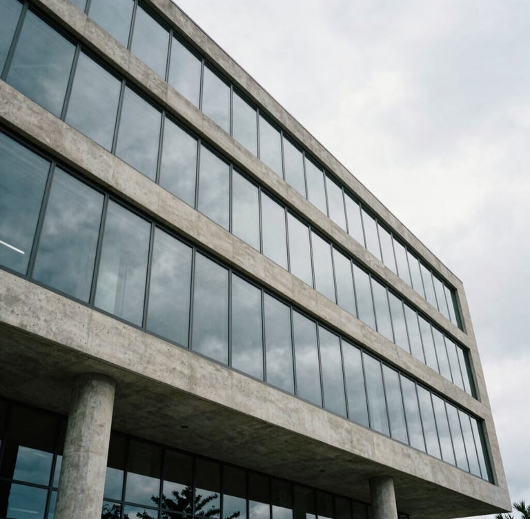 Wide angle architectural crop of modern concrete and glass structure facade under overcast Lowcountry sky, highlighting clean geometric lines.