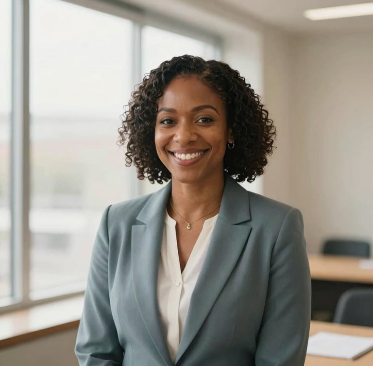 A professional portrait of Tamika Huffman, a Black female mediator, smiling warmly in a bright, modern office with soft natural light, professional 35mm