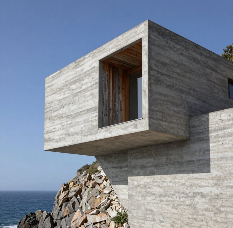 Low-angle architectural shot of a raw concrete villa integrated into a steep ocean cliff, sharp geometric shadows from the midday sun, weathered teak wood details.