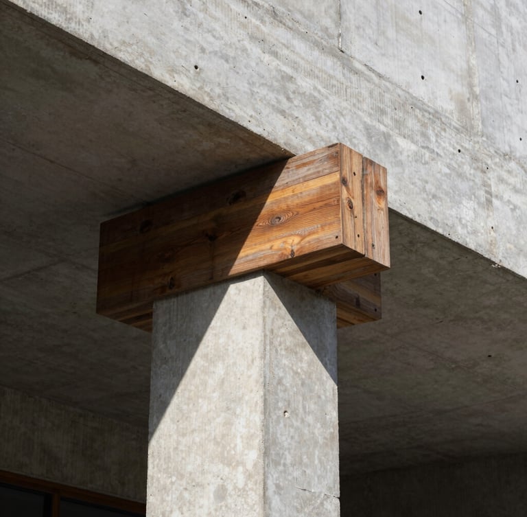 Low-angle architectural photography of a raw concrete structural column casting deep geometric shadows under harsh midday sun, weathered teak wood details, 35mm lens.