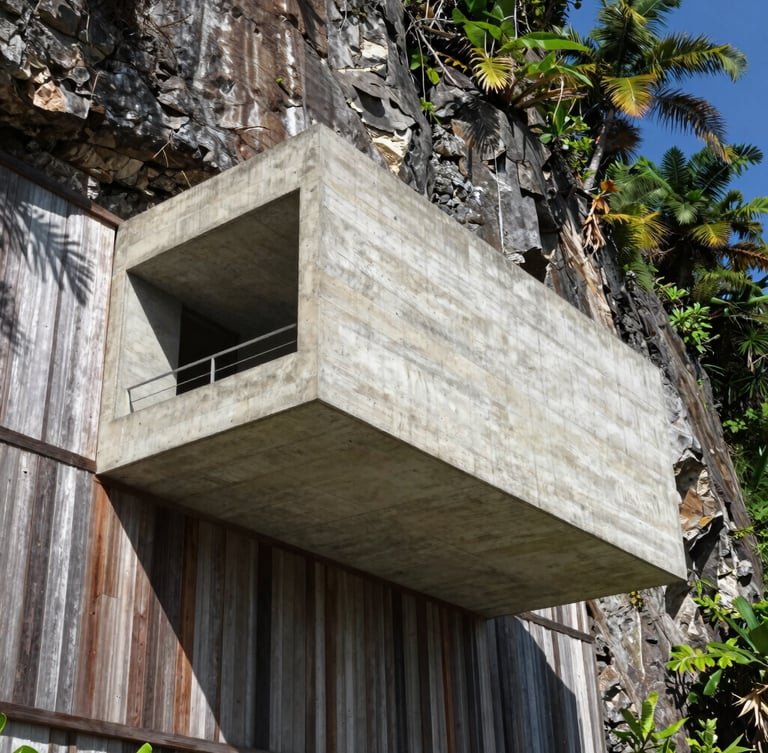 Low-angle architectural photograph of a raw concrete cantilevered volume over a steep tropical cliff, harsh midday light casting sharp diagonal shadows, weathered teak wood screens, 35mm lens.