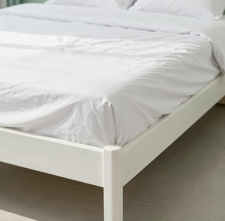 Straight-on architectural photo of a perfectly made bed with crisp white hospital corners, bright high-key natural daylight, clean white and soft green tones, sharp focus, 35mm