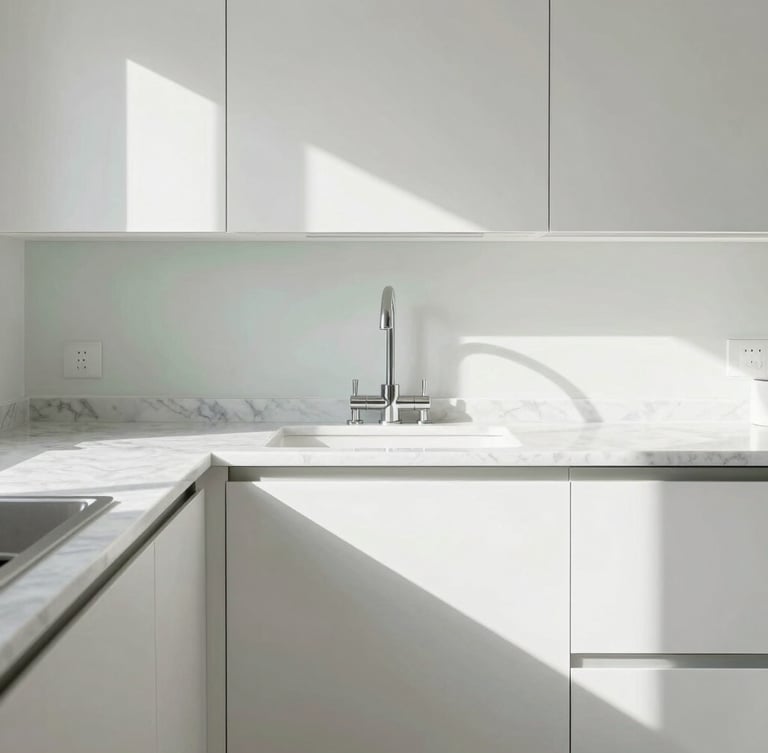 Symmetrical composition of a sunlit kitchen with empty marble countertops and gleaming fixtures, bright high-key natural daylight, sharp focus.
