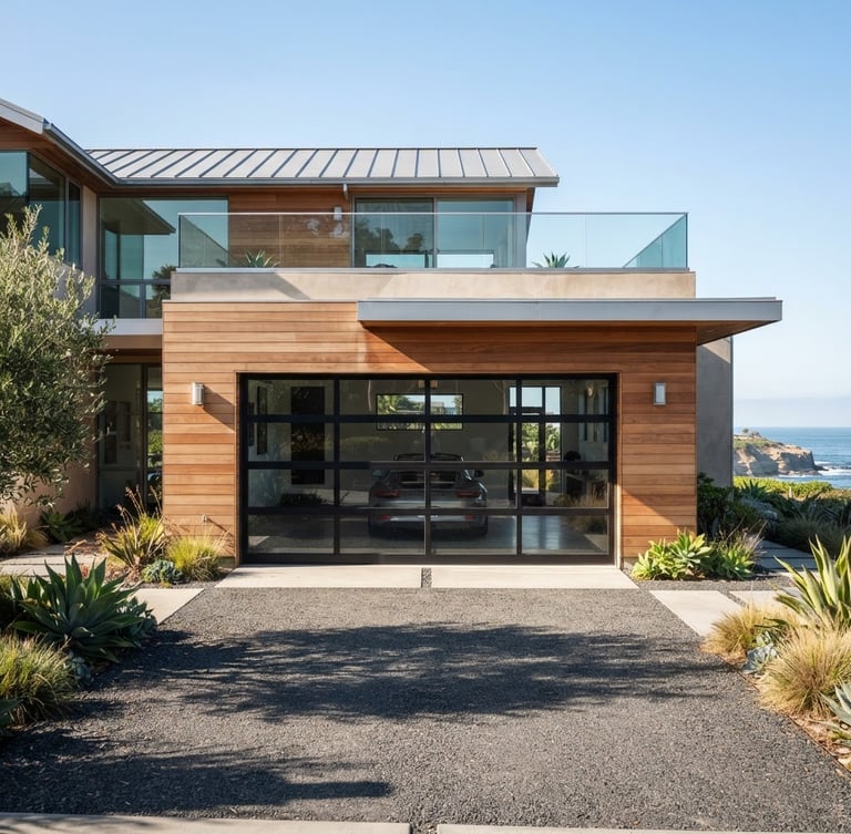 Wide architectural shot of a pristine modern glass garage door on a coastal home, bright natural California daylight, crisp shadows, sharp focus.