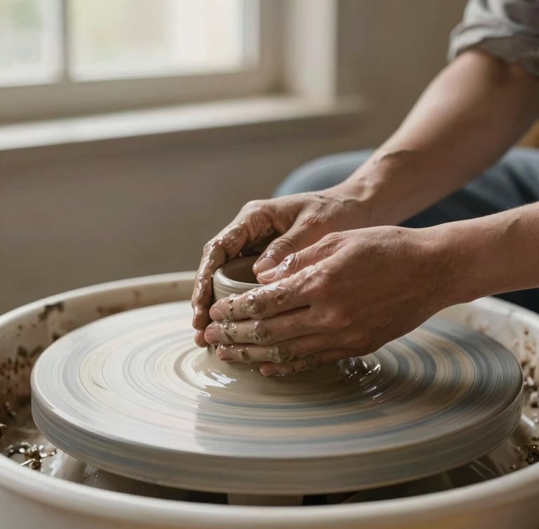 Close-up of hands throwing raw clay on a potter wheel, wet clay texture, soft directional window light, rustic workshop background, warm editorial photography, 35mm