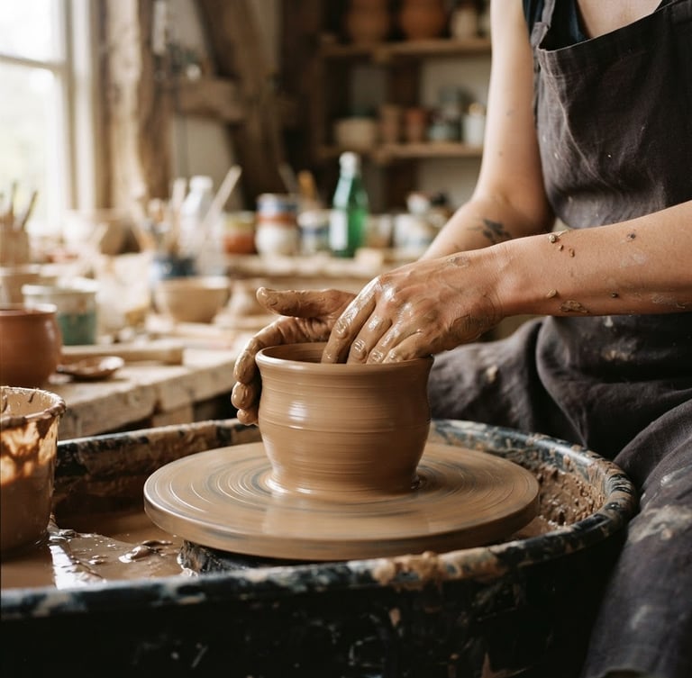 Close-up of hands shaping wet clay on a pottery wheel, soft natural window light, rustic timber workshop setting, earthy muted tones, tactile textures, warm editorial photography, 35mm