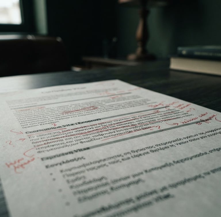 Macro shot of a printed CV with red ink corrections, low-key moody lighting, deep green and charcoal tones, sharp focus, professional corporate setting.