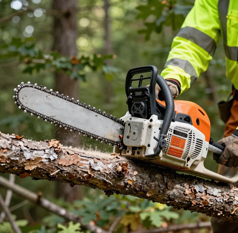 Close-up of a clean, precise chainsaw cut on a large oak branch, professional arborist in high-visibility safety gear visible in background, bright natural daylight, 35mm