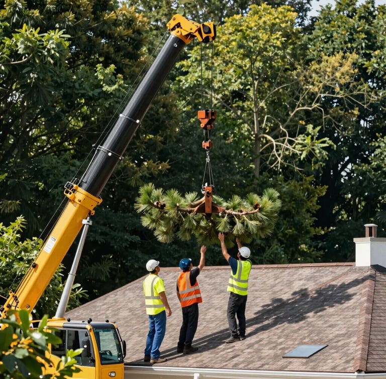 Crisp editorial photo of a heavy-duty crane lifting a large pine branch over a residential roof, professional crew members in high-visibility safety gear coordinating below, bright natural daylight, sharp focus, 35mm.