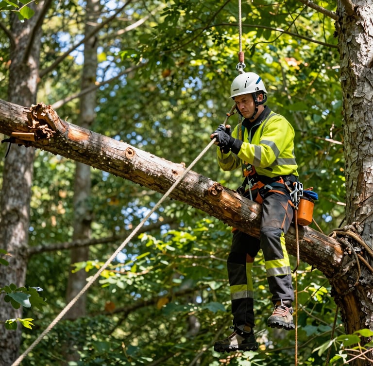 Professional arborist in high-visibility safety gear rigging a massive tree limb with heavy ropes, bright natural daylight, 35mm