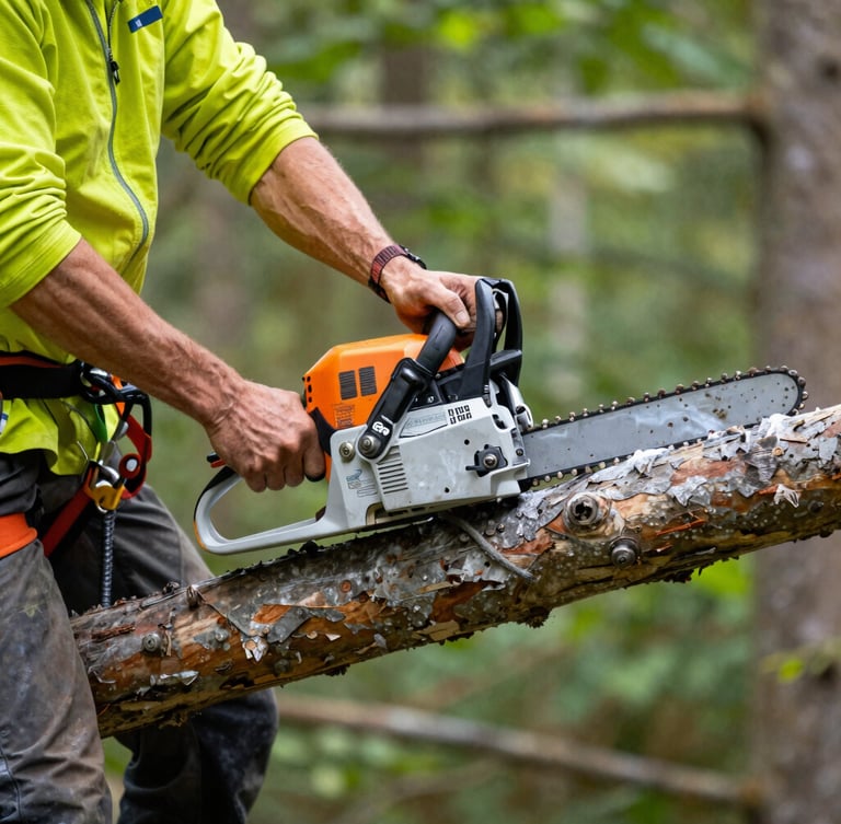Close-up editorial photo of a professional climber in high-visibility gear making a precise chainsaw cut on a secured limb, 35mm sharp focus