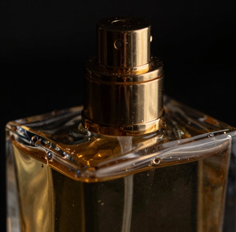 Extreme close-up macro shot of gold metallic details of a luxury perfume atomizer, liquid refraction through dark heavy glass, low-key chiaroscuro lighting.