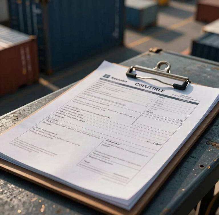 Dramatic close-up of secure freight manifests and customs documentation on a steel clipboard at a Jakarta logistics terminal, high-contrast industrial light.