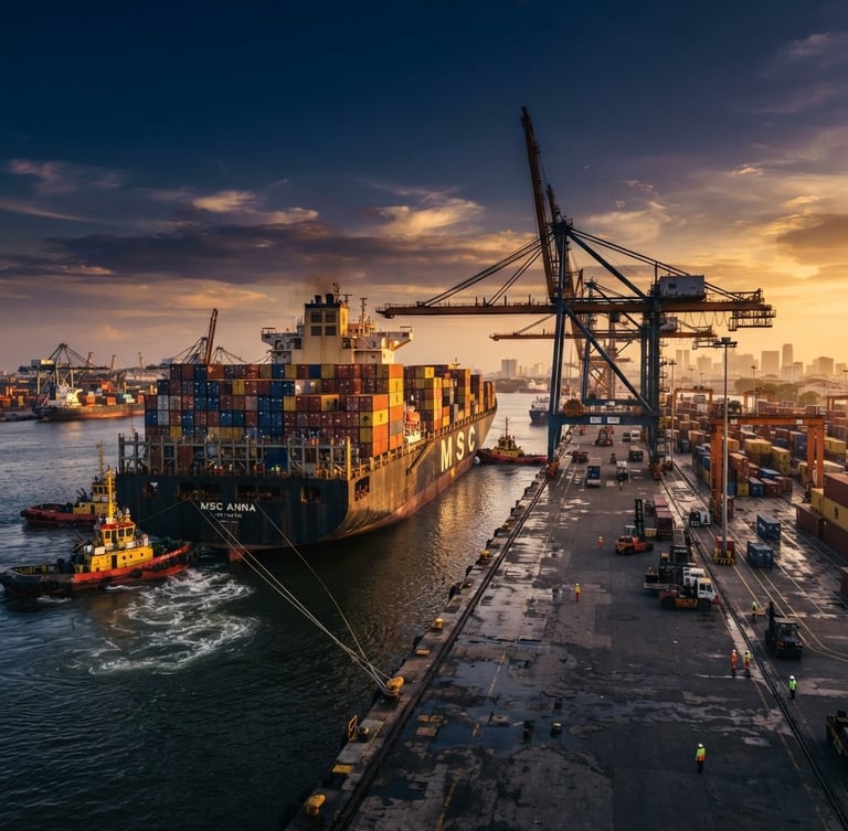 Wide-angle dramatic shot of a massive container ship docking at Tanjung Priok port during golden hour, cinematic industrial photography, deep navy and steel tones