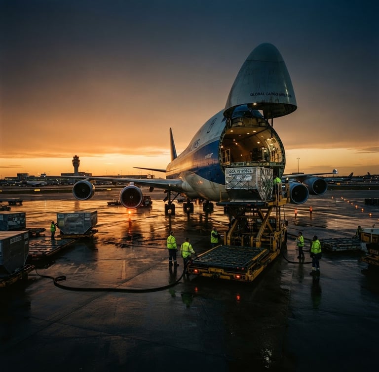 Dramatic low-angle wide shot of a massive cargo plane loading container freight on the tarmac at dusk, intense golden hour runway reflections, deep navy and steel tones, 35mm film look.