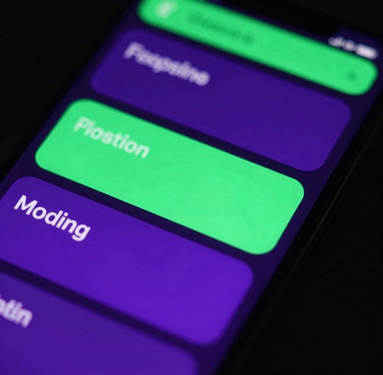 Extreme close-up of a high-resolution smartphone screen displaying fluid UI animations with vibrant neon-green and electric-violet glow, dark background, 35mm