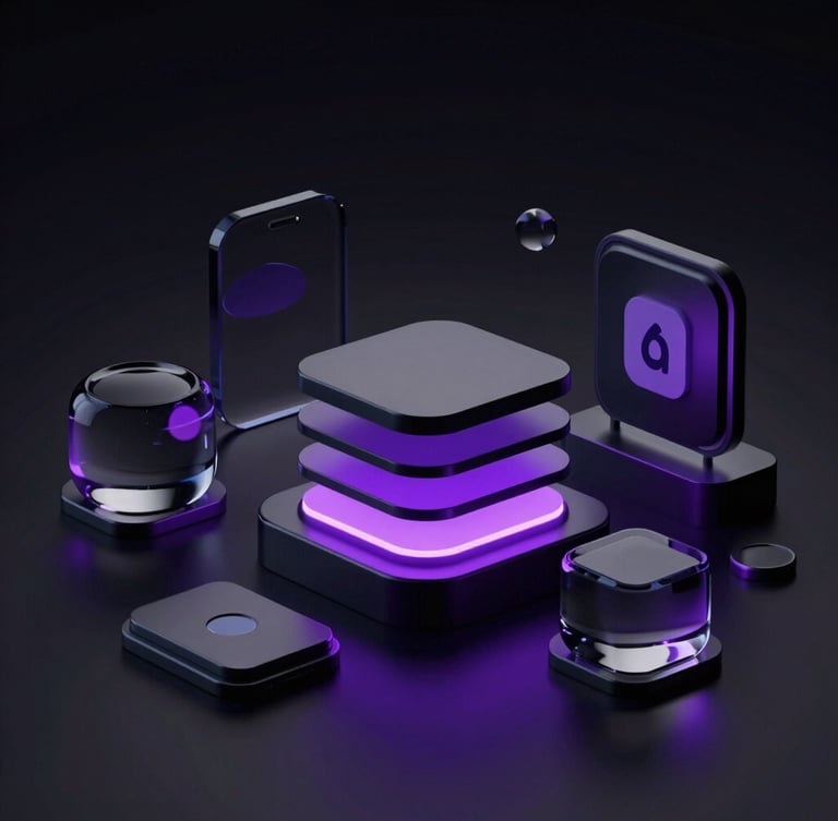 Abstract 3D glass and metallic shapes representing app database architecture, low-key lighting with violet accents, high-contrast deep shadows