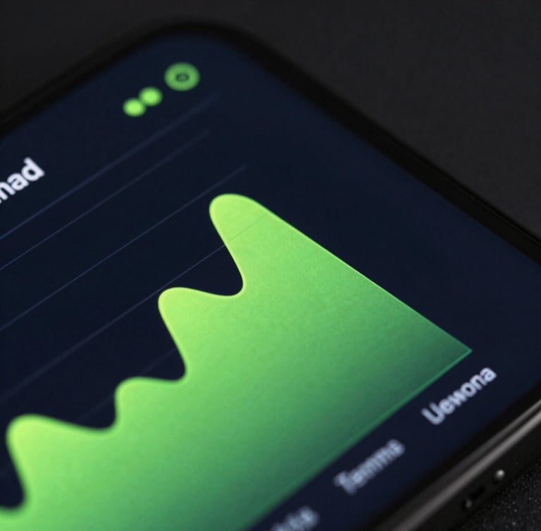 Macro photography of an Android device interface showing smooth graph rendering, neon-green accents, deep shadows, atmospheric studio lighting
