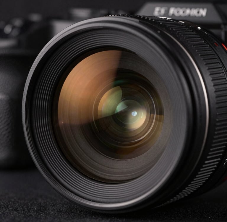Sharp close-up of a high-end camera lens showing amber reflections on the glass element, dark industrial studio background, crisp focus, 50mm lens
