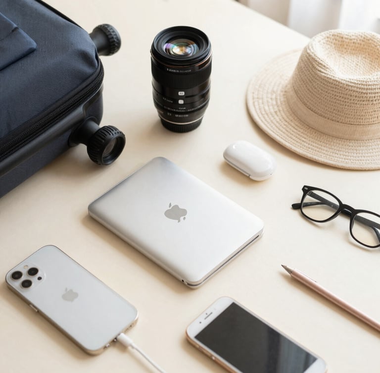 Bright editorial flat-lay of neatly organized travel accessories and home items on a warm cream surface, soft natural daylight, 35mm lens