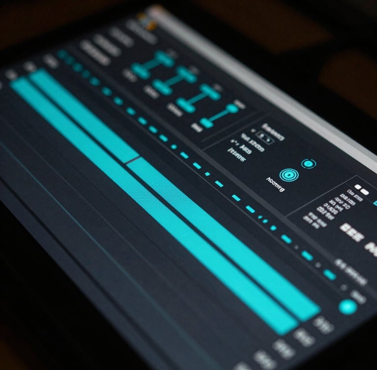 Macro shot of a dark editing bay, glowing cyan UI elements of a custom video plugin, frame-accurate timeline markers, sharp focus, low-key lighting