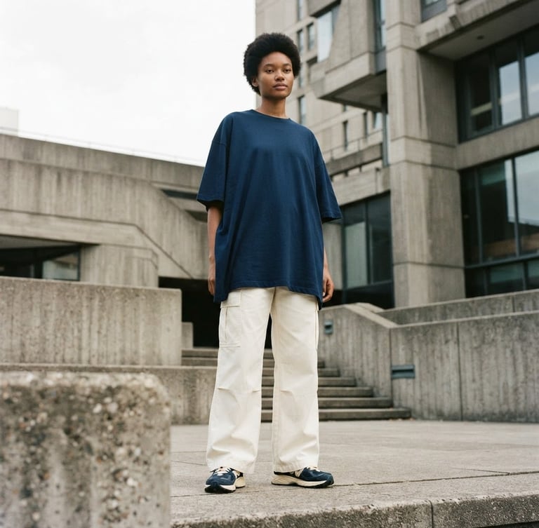 Low-angle medium shot of a model wearing a deep navy oversized t-shirt in an urban architectural setting, soft overcast daylight, emphasizing the garment's silhouette and heavy drape, cream and navy tones.