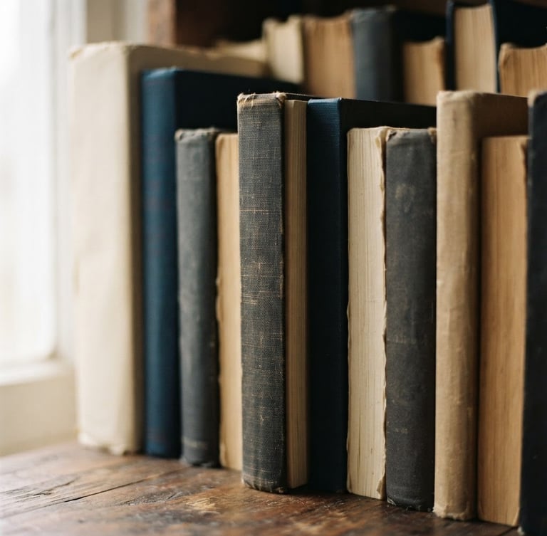 Close-up of printed book spines stacked vertically on a wooden shelf, soft diffused natural window light, warm cream and deep ink tones, macro lens, shallow depth of field.