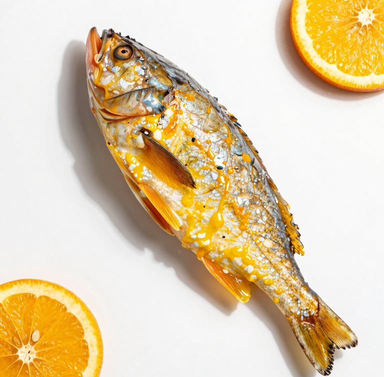 Overhead flat-lay of vibrant citrus-cured snapper, crisp natural daylight, sharp macro focus, clean white background