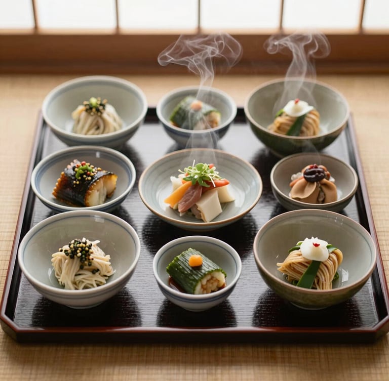 Overhead flat-lay of a traditional Japanese lacquer tray with small ceramic bowls containing temple-style vegetarian dishes, delicate steam rising, soft window light