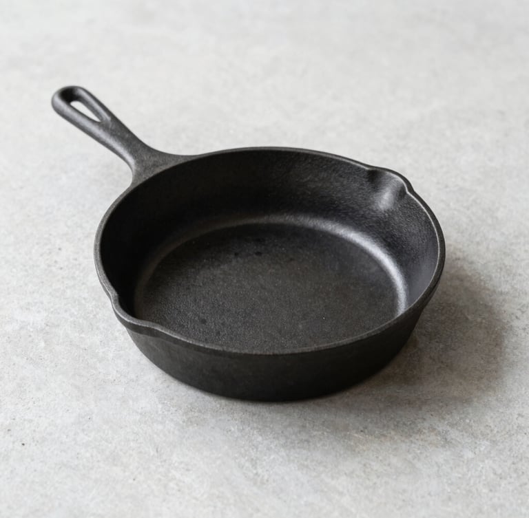 Minimalist raw cast iron skillet on a clean concrete countertop, bright diffused daylight, sharp focus, 50mm lens