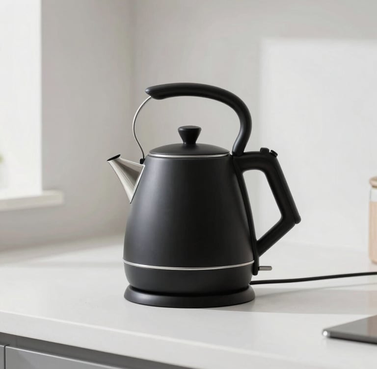 Minimalist matte black electric kettle on a stark white kitchen counter, bright natural diffused daylight, sharp focus, 50mm lens