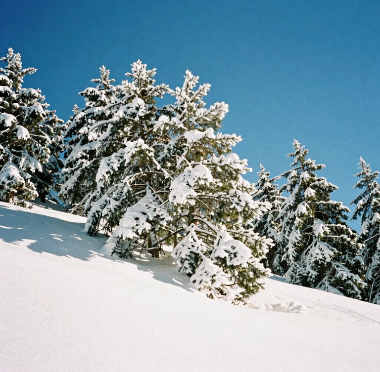Low-angle shot of Cerro Castor southern beech forests covered in deep fresh powder, crisp alpine winter sun, high-contrast snow landscape, 35mm