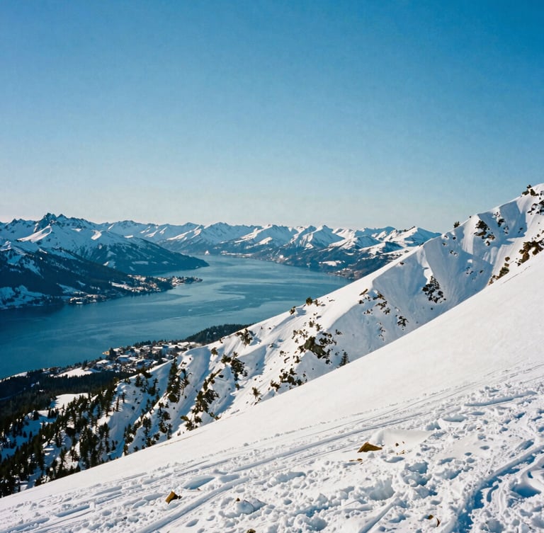 Wide environmental landscape of Cerro Catedral slopes on the right, sweeping view of Lake Nahuel Huapi in the background, crisp alpine winter sunlight, 35mm