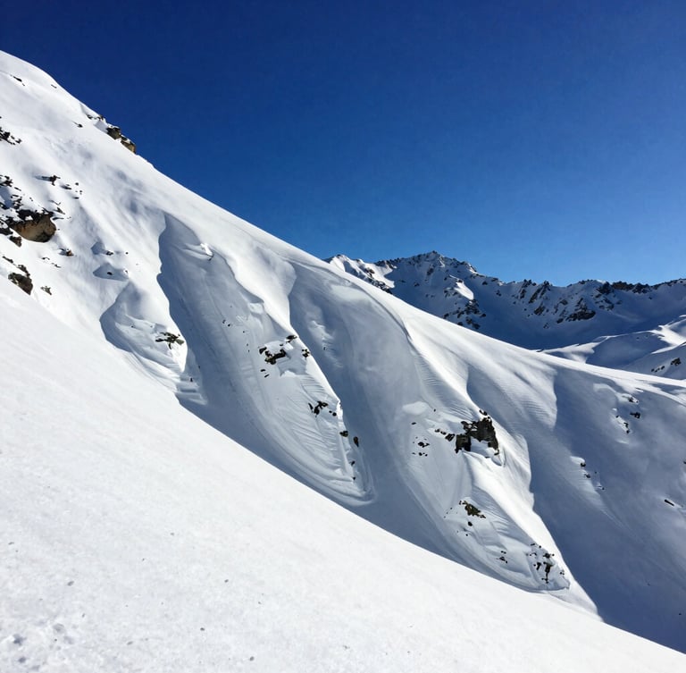 High-contrast alpine photography of steep vertical snow chutes in Las Leñas under crisp winter sun, deep blue sky, 35mm