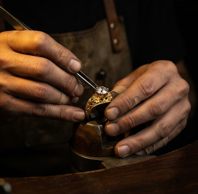 Macro shot of a skilled artisan's hands meticulously setting a brilliant stone into a gold jewelry piece, dramatic golden rim light, deep obsidian and gold tones, macro lens, focused on intricate detail, dark background, side-lit.