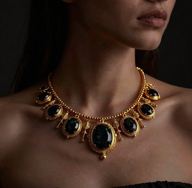 Close-up portrait of a female model wearing an ornate artificial gold necklace, dramatic side lighting, subtle golden rim lights, deep charcoal background, focused on the intricate metalwork and stone setting, low-key jewelry photography.