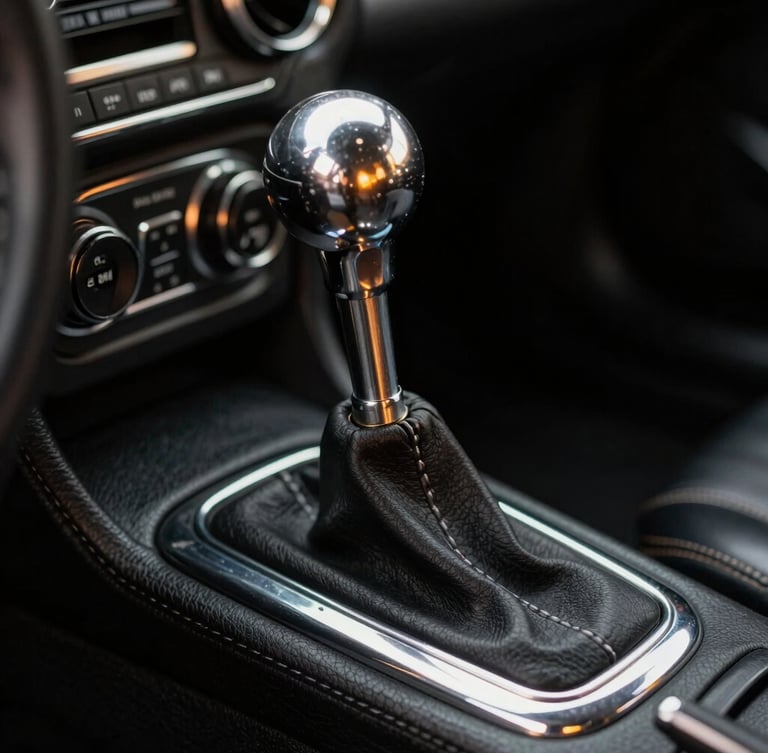 Macro shot of a vintage gated manual shifter in a classic sports car, warm golden light reflecting on polished chrome and black leather, minimalist dark background.