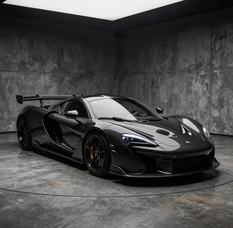 Dramatic low-key studio lighting reflecting off the carbon-fiber curves of a rare black supercar in a minimalist dark concrete showroom, absolute focus on mechanical contours, elegant atmosphere.