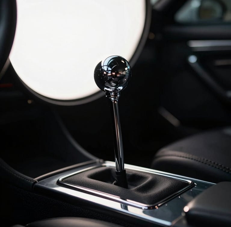Dramatic close-up of a polished chrome gated manual shifter in a vintage Italian sports car, soft-box studio lighting, deep obsidian shadows, high contrast, museum aesthetic