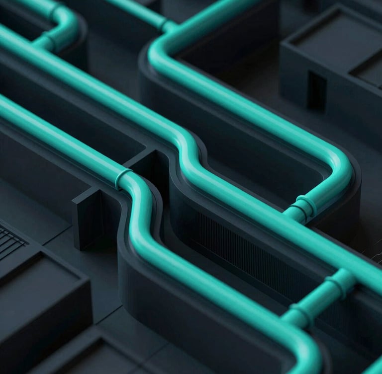 Extreme close-up of a 3D BIM model showing complex MEP piping layouts, dramatic low-key lighting with neon cyan and deep obsidian tones, crisp architectural detail